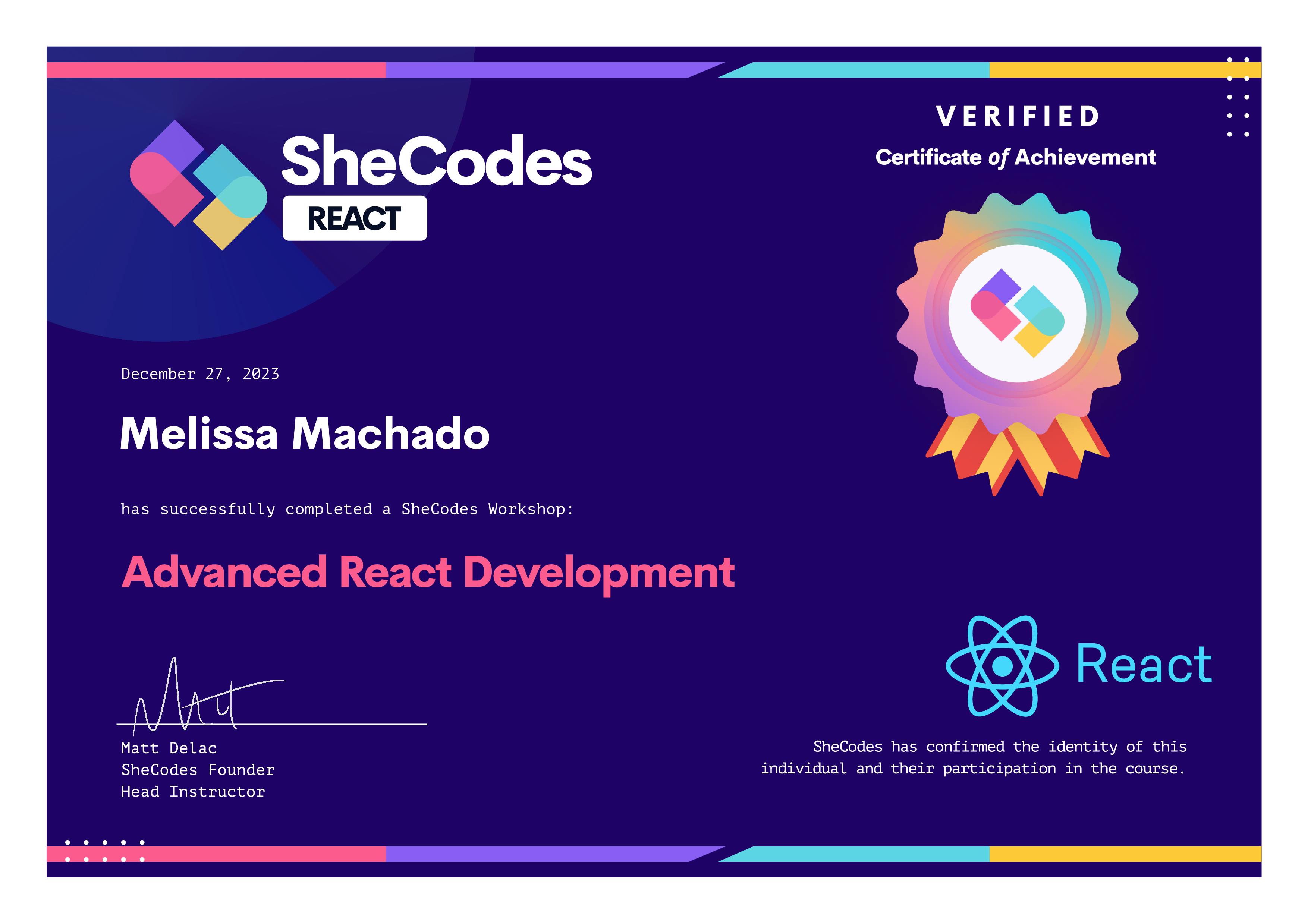 SheCodes React Add-On Certificate